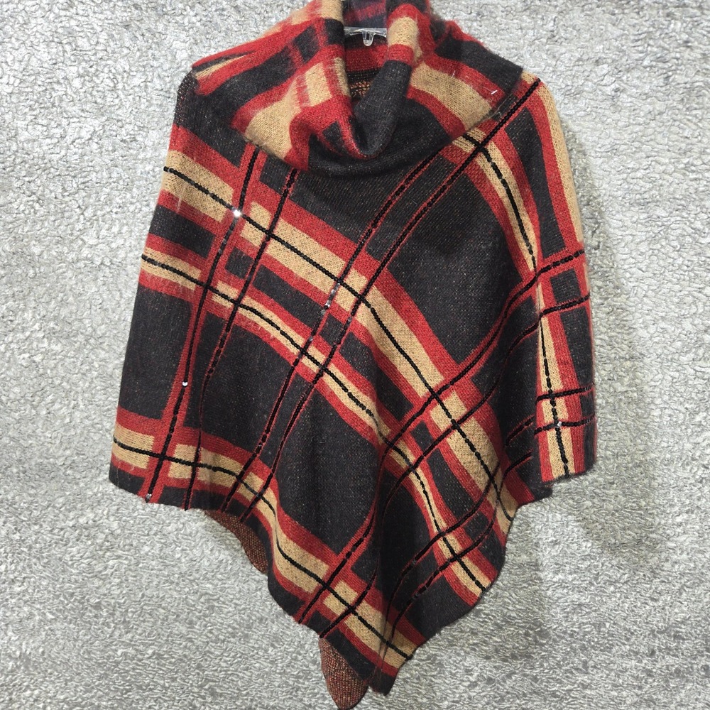 Chicos Red Black Plaid Sequin Knit Poncho Cowl Neck Asymmetrical Hem L/XL
